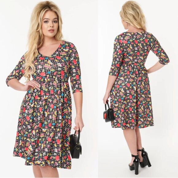 NWT DOLLY & DOTTY Black & Rainbow Retro Print Flare Dress Size 12 - Picture 1 of 9